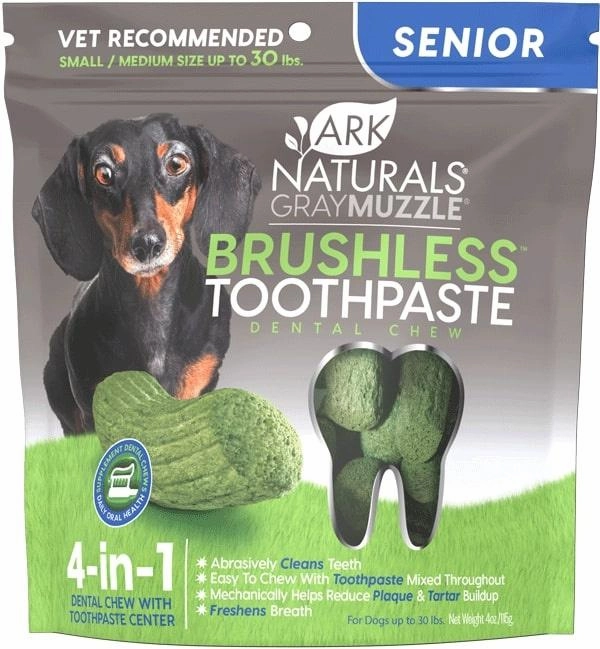 Ark Naturals Gray Muzzle BREATH-LESS Brushless Toothpaste Dental Chews for Senior Dogs
