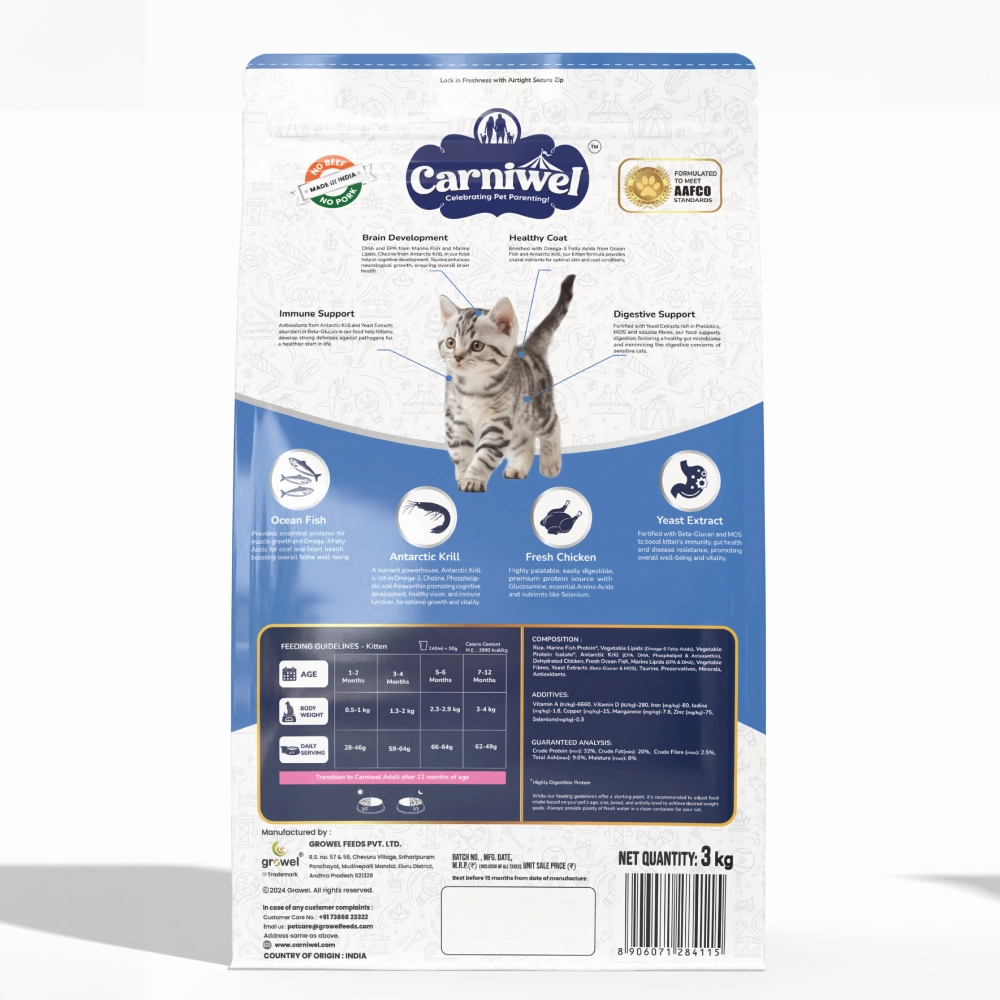 Carniwel Ocean Fish and Krill Dry Food and Sheba Chicken Loaf Rich Premium Kitten (2 to 12 Months) Fine Cat Wet Food Combo