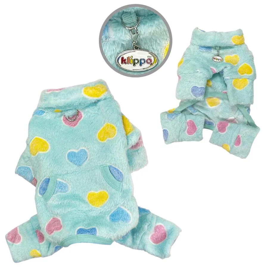 Colorful Hearts Blue Ultra Plush Turtleneck Dog Pajamas