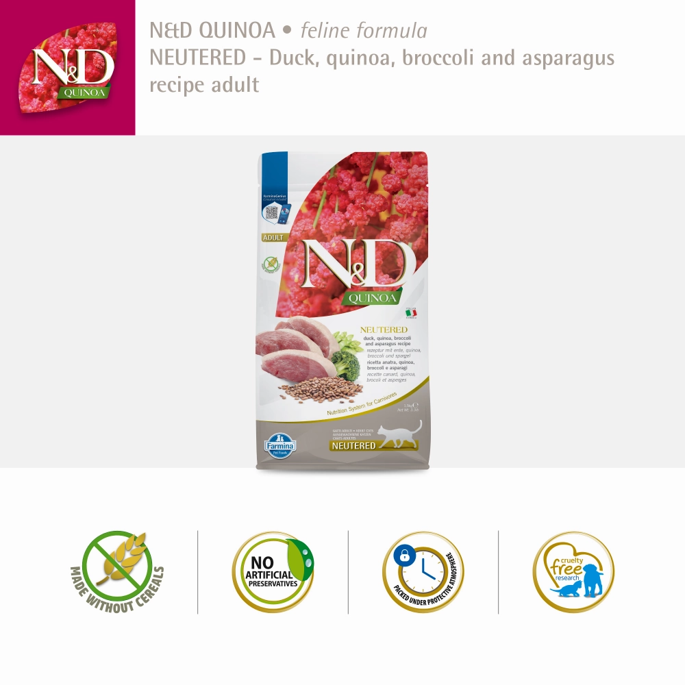 Farmina N&D Neutered Quinoa Duck, Broccoli & Asparagus Adult Cat Dry Food