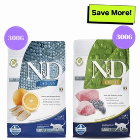 Farmina N&D Prime Lamb & Blueberry and Ocean Herring & Orange Grain Free Adult Cat Dry Food Combo