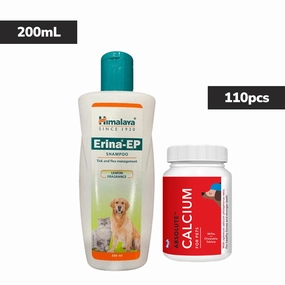 Himalaya Erina EP Tick & Flea Shampoo with Drools Absolute Calcium Supplement Tablets Dog Combo