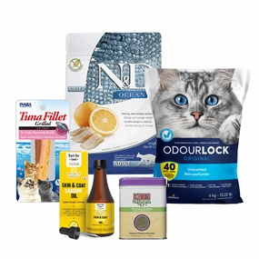 Intersand Cat Litter, INABA Tuna Treats, Bark Out Loud Sardine Oil, Farmina N&D Dry Food & Kong Catnip Limited Cat Hamper