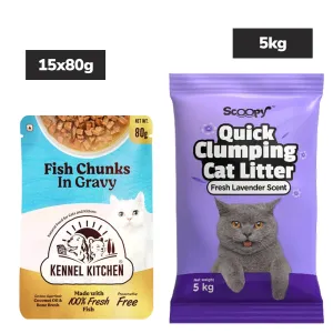 Kennel Kitchen Fish Gravy All Life Stage Wet Food, Scoopy Lavender Natural Brown Sand Cat Litter Combo