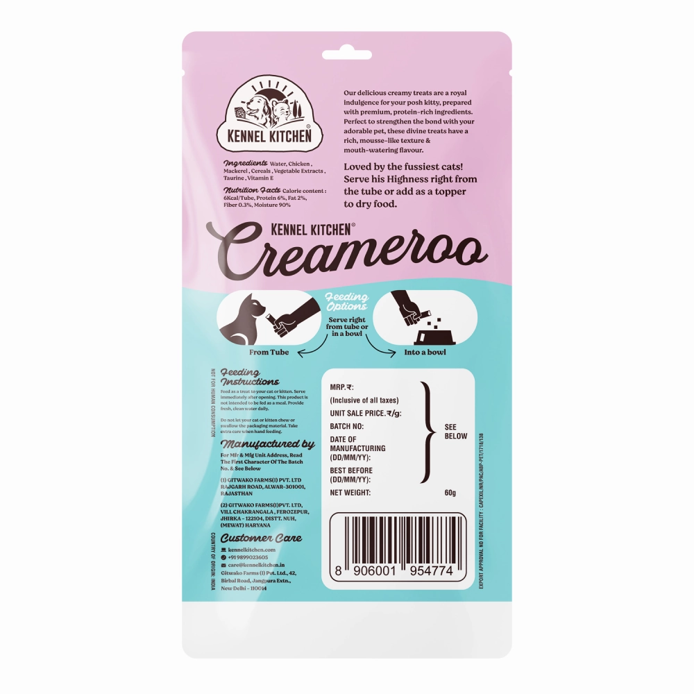 Kennel Kitchen Chicken in Jelly Wet Food and Creameroo Chicken with Mackerel Creamy Treats for Cats Combo