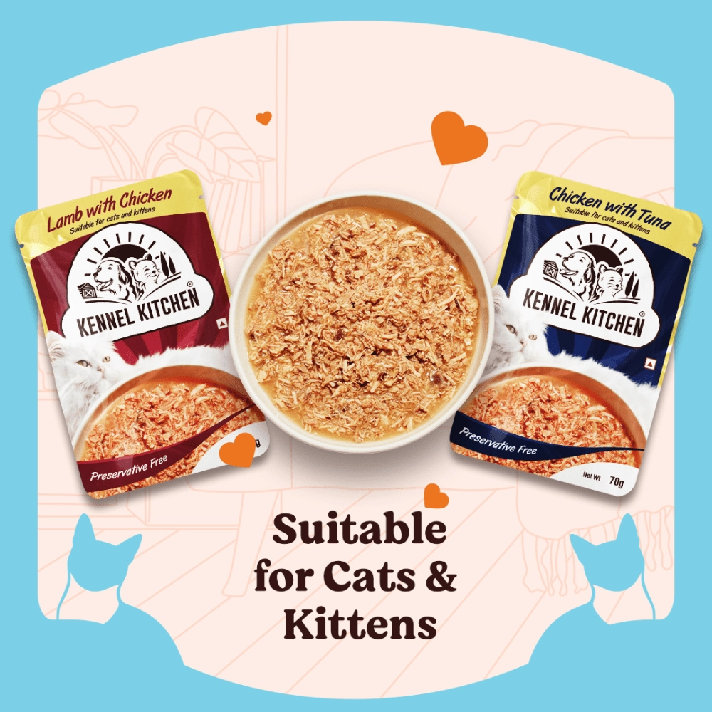 Kennel Kitchen Chicken with Tuna Shreds in Gravy Wet Food and Creameroo Crab with Mackerel Creamy Cat Treats Combo
