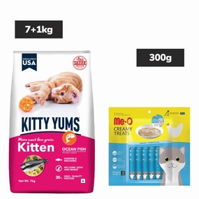 Kitty Yums Ocean Fish Kitten Dry Food, Me O Creamy Chicken Liver Cats Treats Combo