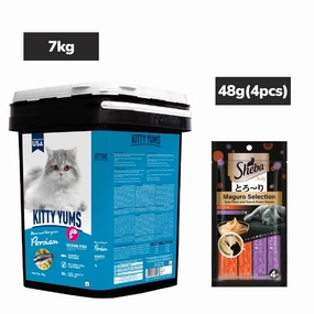 Kitty Yums Ocean Fish Persian Dry Food, Sheba Tuna Prawn Maguro Melty Premium Cats Treats Combo
