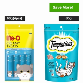 Me O Creamy Chicken & Liver and Temptations Tempting Tuna Flavor Cat Treats Combo