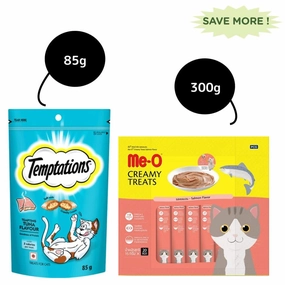 Me O Creamy Salmon and Temptations Tempting Tuna Flavor Cat Treats Combo
