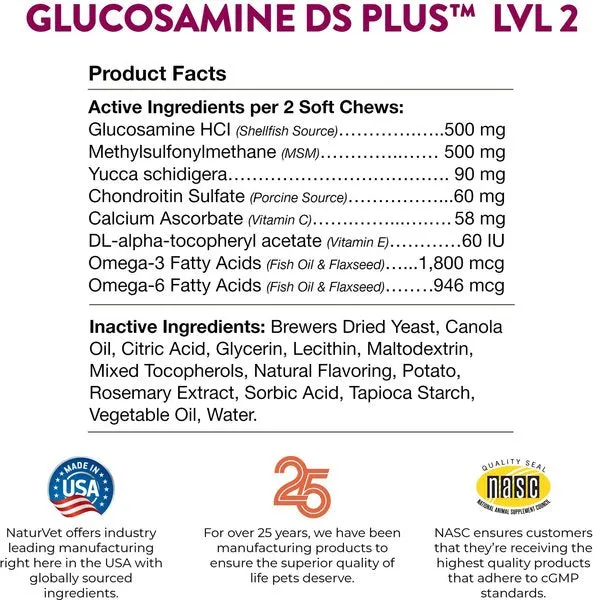 NaturVet Glucosamine DS Plus MSM Level 2 Moderate Care Soft Chews for Dogs