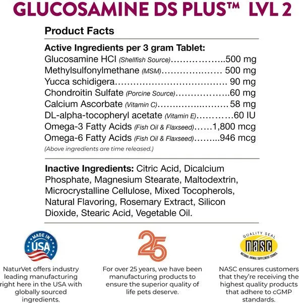 NaturVet Glucosamine DS Plus MSM Level 2 Moderate Care Time Release Chewable Tablets for Dogs