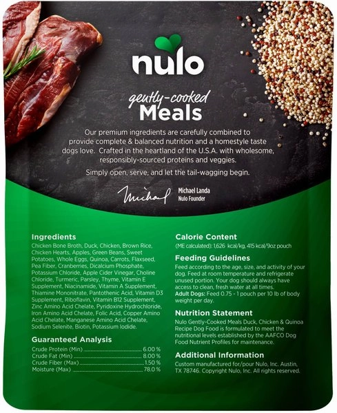 Nulo Gently-Cooked Meals Duck, Chicken & Quinoa Recipe Wet Dog Food Pouch