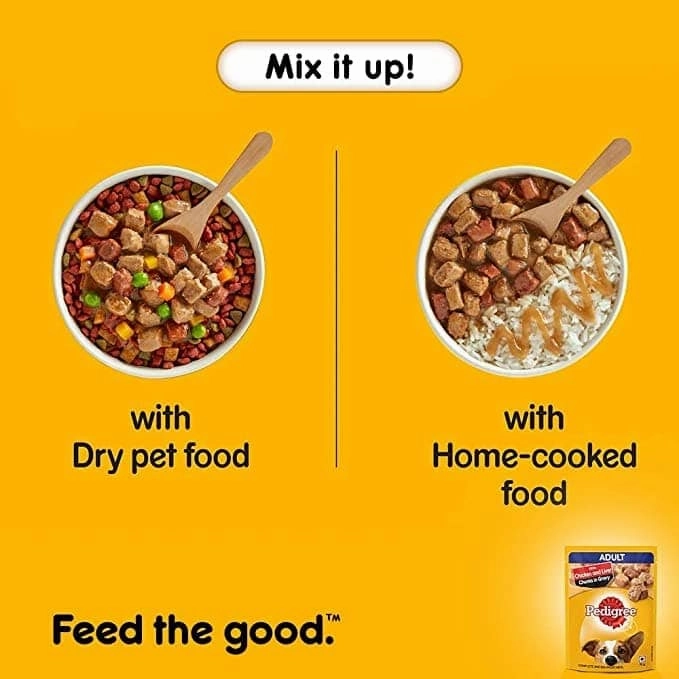 Pedigree Chicken and Vegetables Dry and Chicken and Liver Chunks in Gravy Wet Adult Dog Food Combo