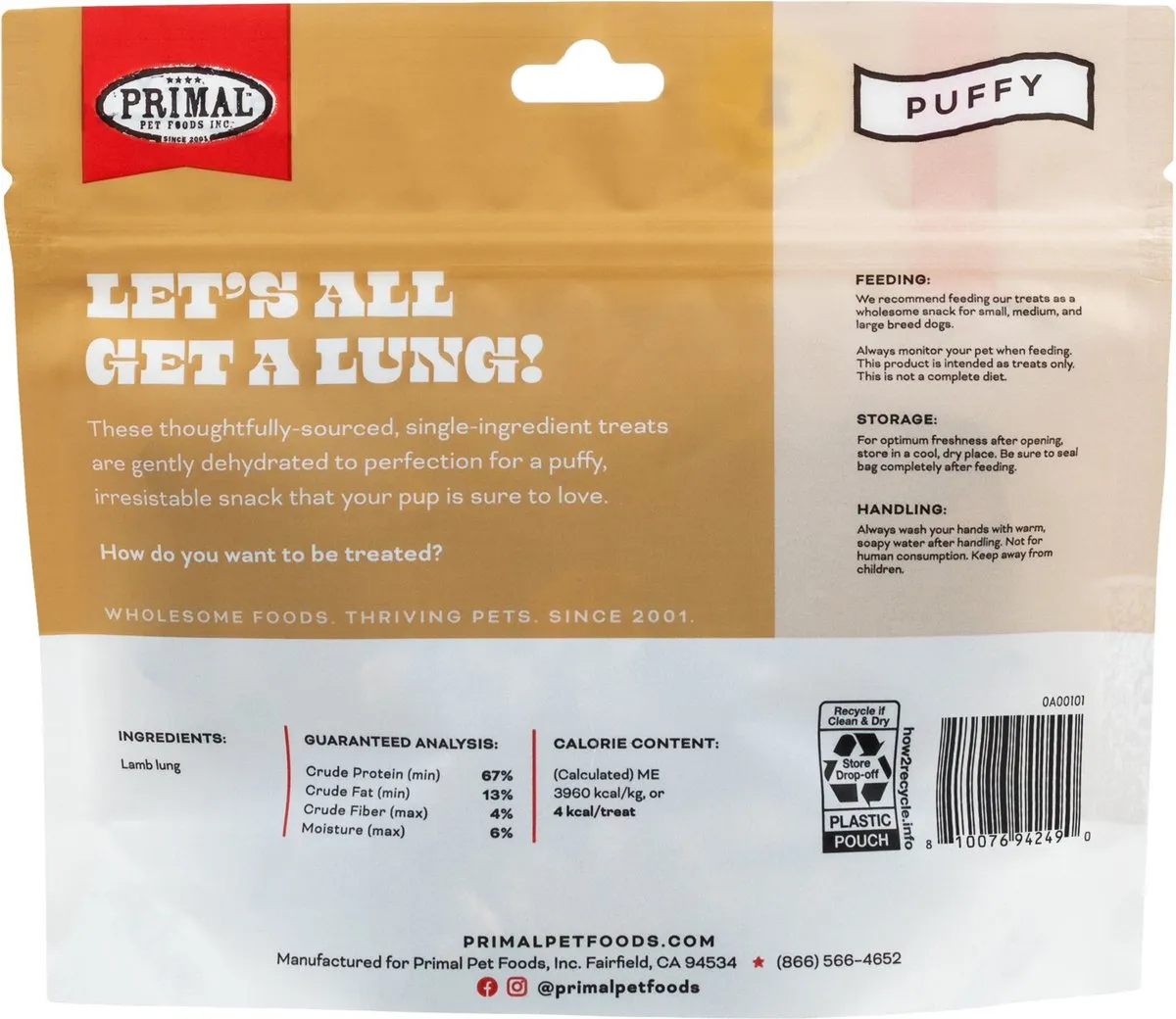Primal Let's All Get A Lung Lamb Recipe Treats for Dogs