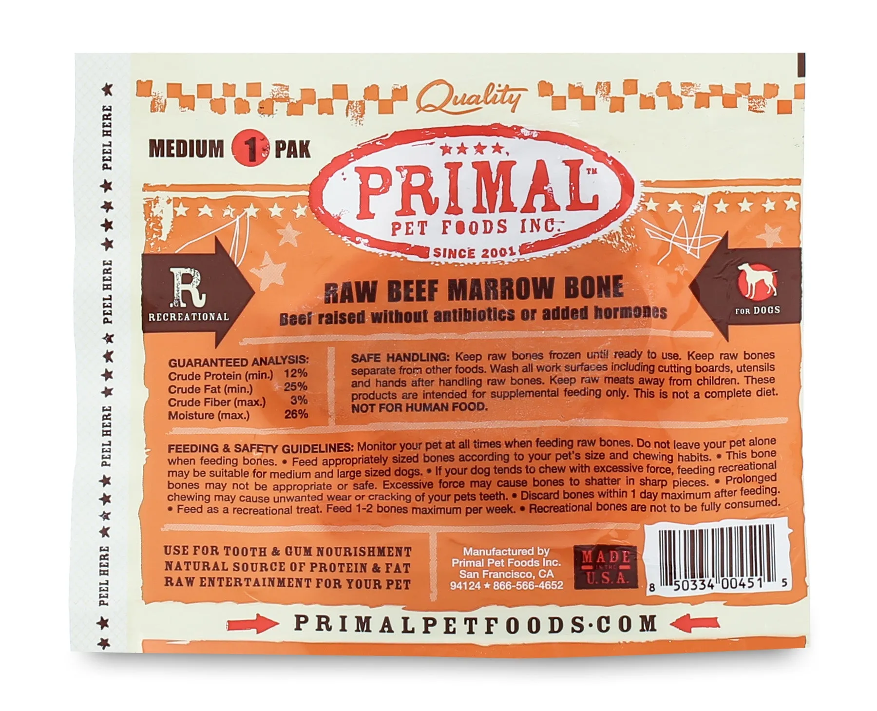 Primal Raw Recreational Beef Marrow Bone