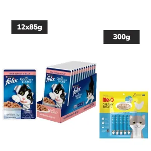Purina Felix Salmon Jelly Adult Wet Food, Me O Creamy Chicken Liver Treats Cats Combo