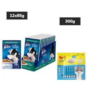 Purina Felix Tuna Jelly Adult Wet Food, Me O Creamy Chicken Liver Cats Treat Combo