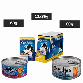 Purina Felix Chicken Jelly Adult Wet Food, Smudges Tuna Jelly Kitten Wet Food, Smudges Flakes Shirasu Jelly Adult Wet Food Cats Combo