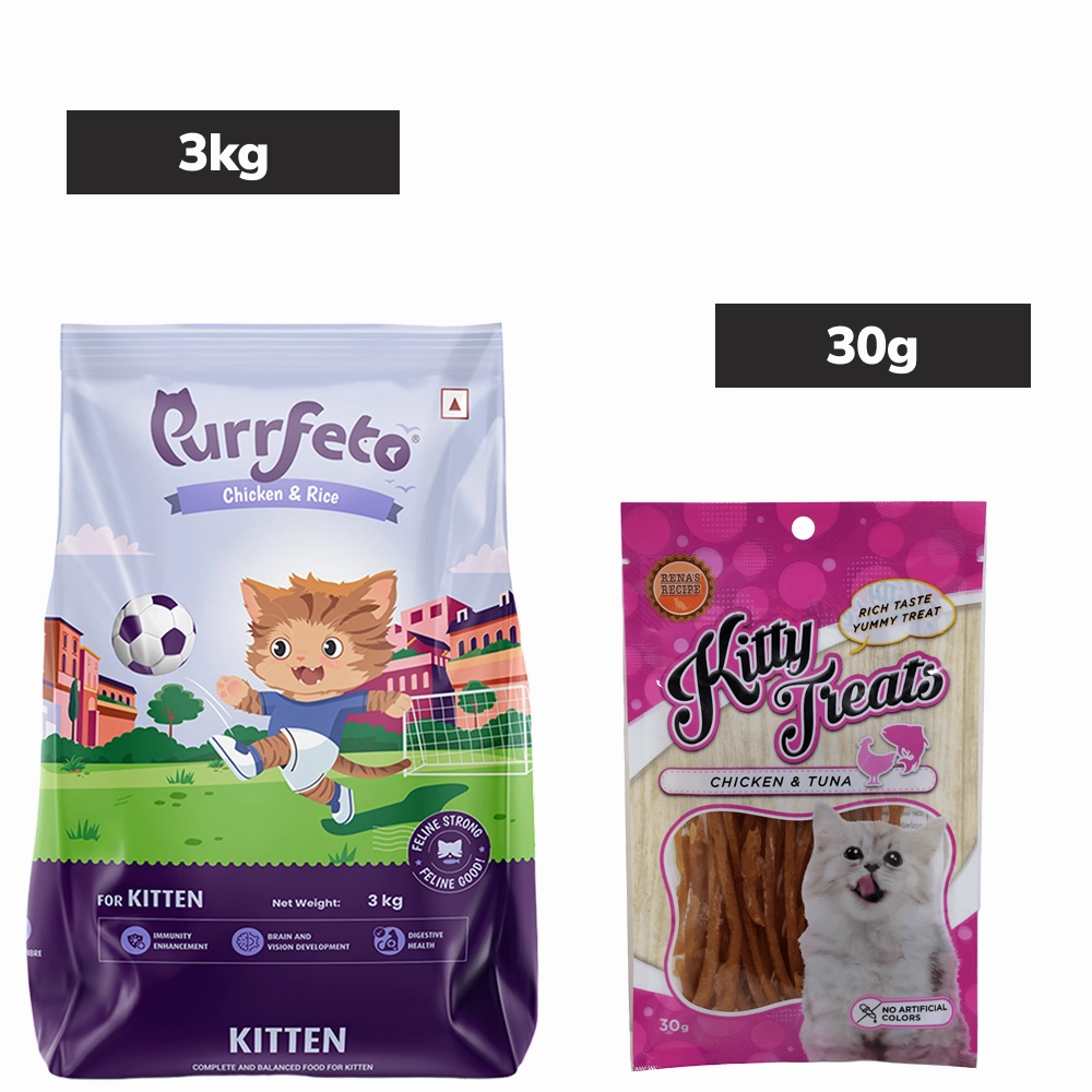 Purrfeto Chicken and Rice Kitten Cat Dry Food and Kitty Treats Soft Chicken and Tuna Cat Treats Combo