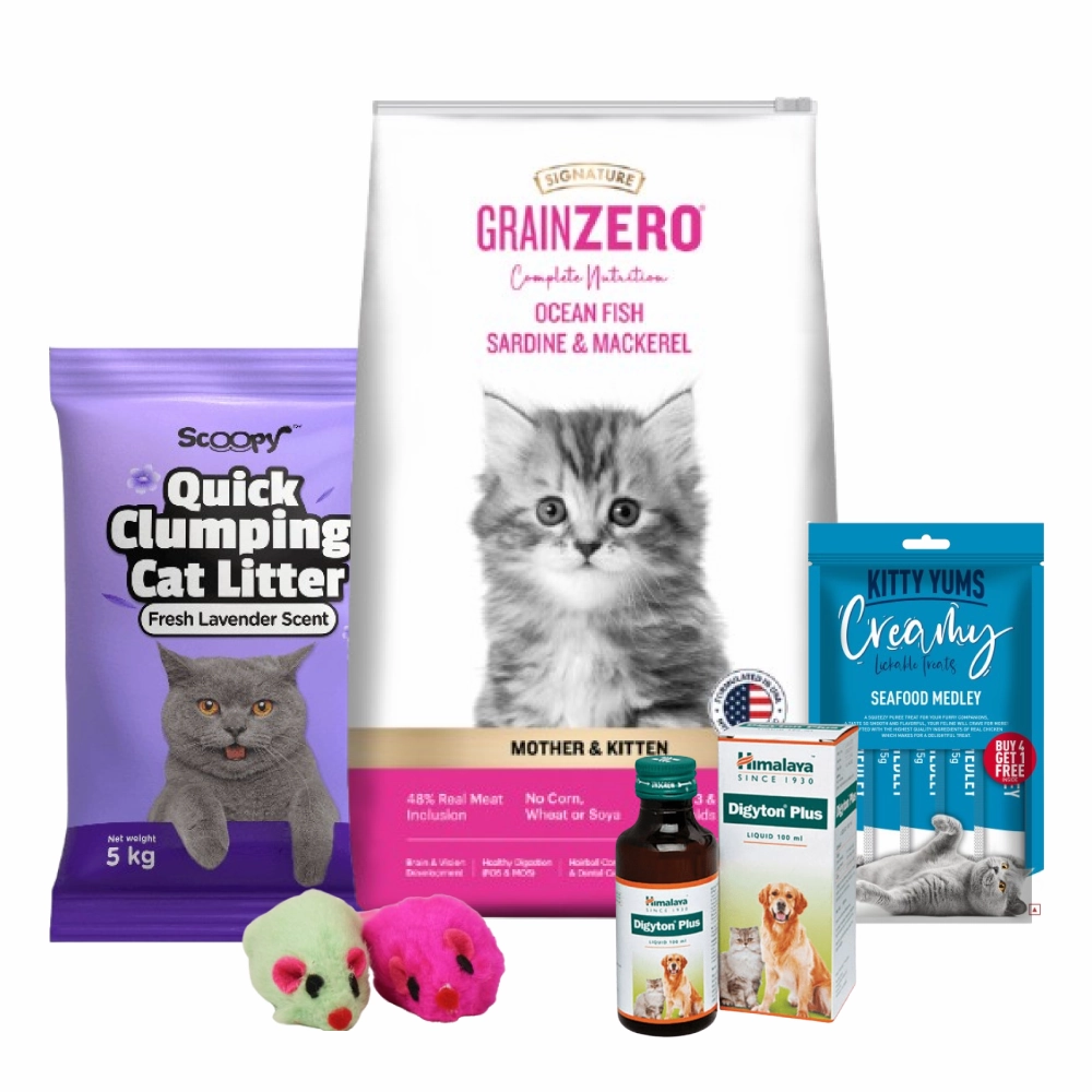 Scoopy Cat Litter, Kitty Yums Creamy Treats, Himalaya Digyton Syrup, Signature Kitten Food & Skatrs Mouse Toy Limited Cat Hamper