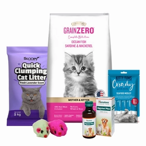 Scoopy Cat Litter, Kitty Yums Creamy Treats, Himalaya Digyton Syrup, Signature Kitten Food & Skatrs Mouse Toy Limited Cat Hamper