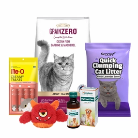 Scoopy Cat Litter, Me-O Creamy Treats, Digyton Syrup, Signature Cat Food & Basil Plush Squeaky Toy Limited Cat Hamper