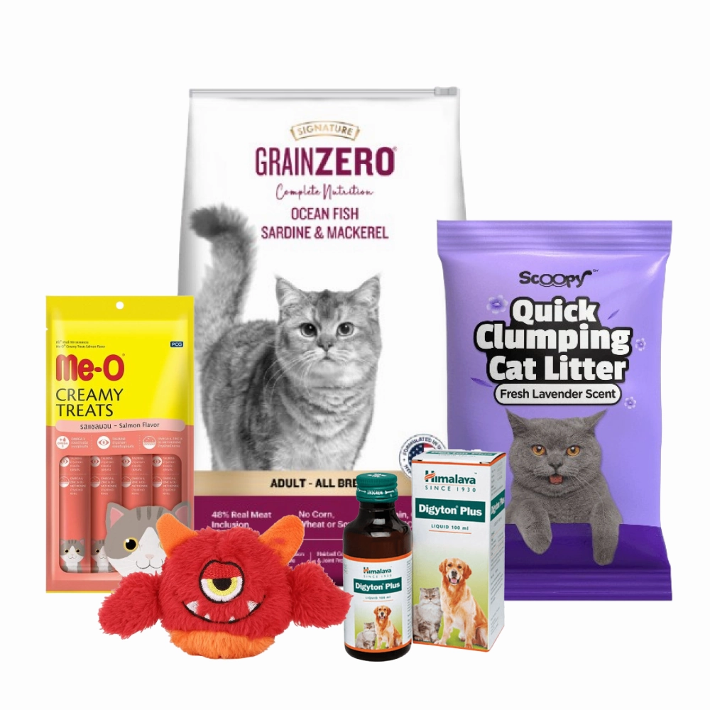 Scoopy Cat Litter, Me-O Creamy Treats, Digyton Syrup, Signature Cat Food & Basil Plush Squeaky Toy Limited Cat Hamper
