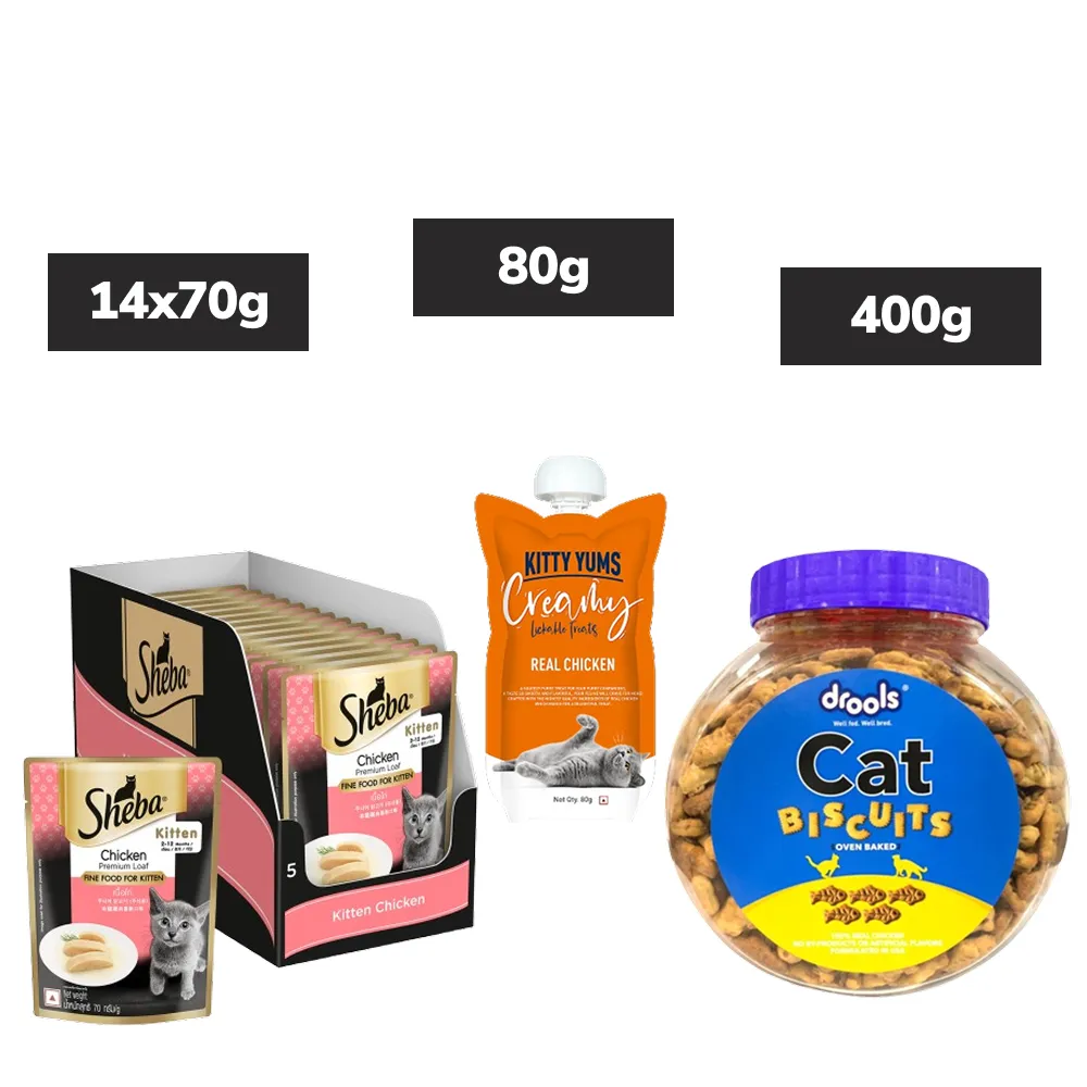 Sheba Chicken Loaf Kitten Wet Food, Drools Biscuit Treat, Kitty Yums Lickable Real Chicken Creamy Treat Cats Combo