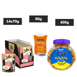 Sheba Chicken Loaf Kitten Wet Food, Drools Biscuit Treat, Kitty Yums Lickable Real Chicken Creamy Treat Cats Combo