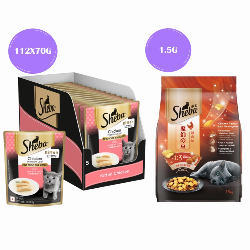 Sheba Chicken Loaf Premium Kitten (2 to 12 Months) Wet Food and Chicken All Life Stage Cat Dry Food Combo