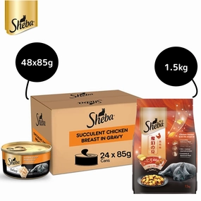 Sheba Complete Nutrition Succulent Chicken Breast In Gravy Cat Wet Food and Chicken Flavour Irresistible All Life Stage Cat Dry Food Combo