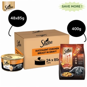 Sheba Complete Nutrition Succulent Chicken Breast In Gravy Cat Wet Food and Chicken Flavour Irresistible Cat Dry Food Combo