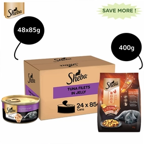 Sheba Pure Tuna Filets in Jelly Premium Cat Wet Food and Chicken Flavour Irresistible Cat Dry Food Combo
