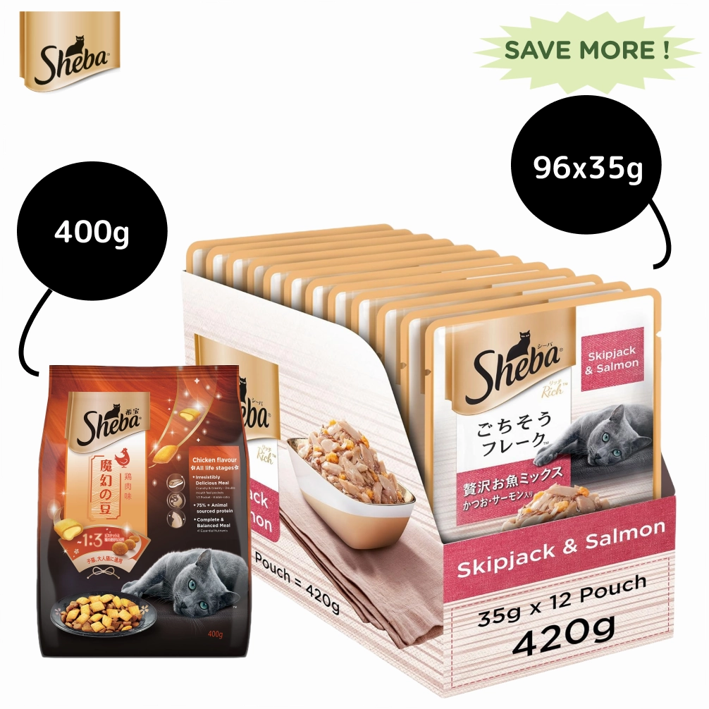 Sheba Skipjack & Salmon Fish Mix Cat Wet Food and Chicken Flavour Irresistible All Life Stage Cat Dry Food Combo