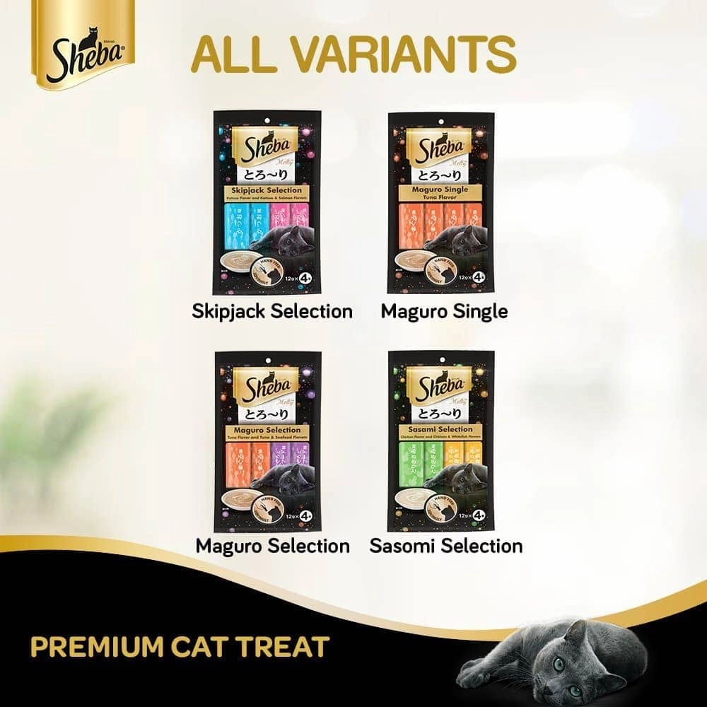 Sheba Tuna Flavor and Tuna & Prawn Maguro and Sheba Chicken & Chicken Whitefish Sasami Melty Premium Treats for Cats Combo