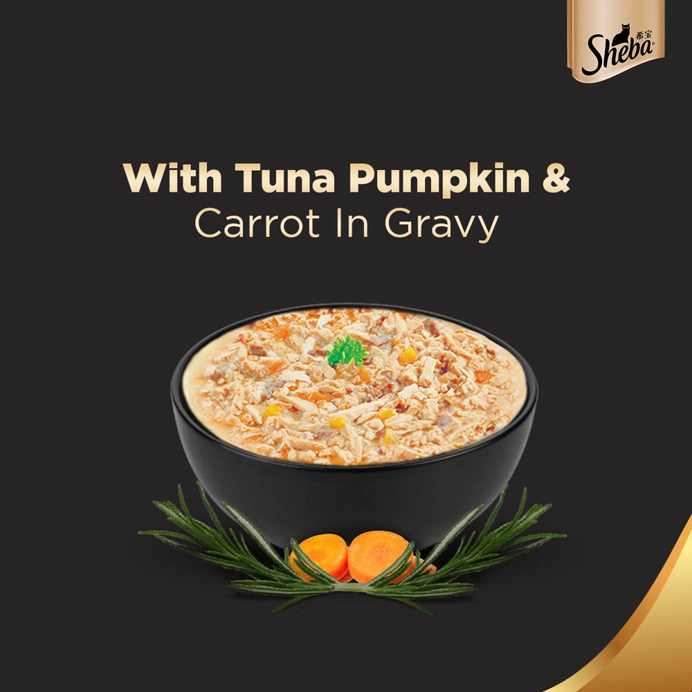Sheba Tuna Pumpkin & Carrot In Gravy Rich Premium Adult Fine Cat Wet Food and Chicken All Life Stage Cat Dry Food Combo