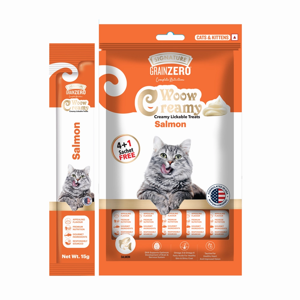 Signature Freedom Fish, Chicken and Peas Recipe Adult Cat Dry Food and Grain Zero Salmon Lickable Creamy Cat Treats Combo