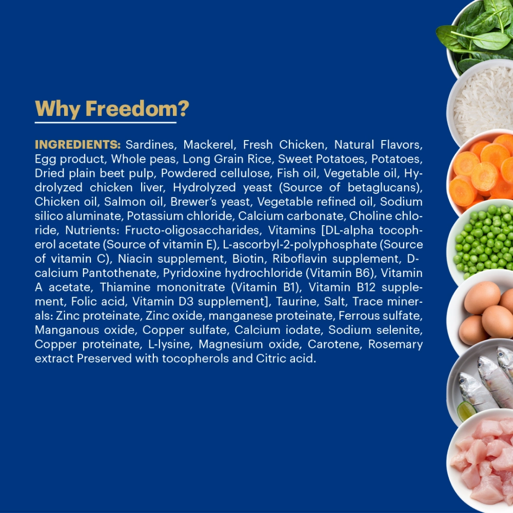 Signature Freedom Fish, Chicken and Peas Recipe Adult Cat Dry Food and Grain Zero Salmon Lickable Creamy Cat Treats Combo