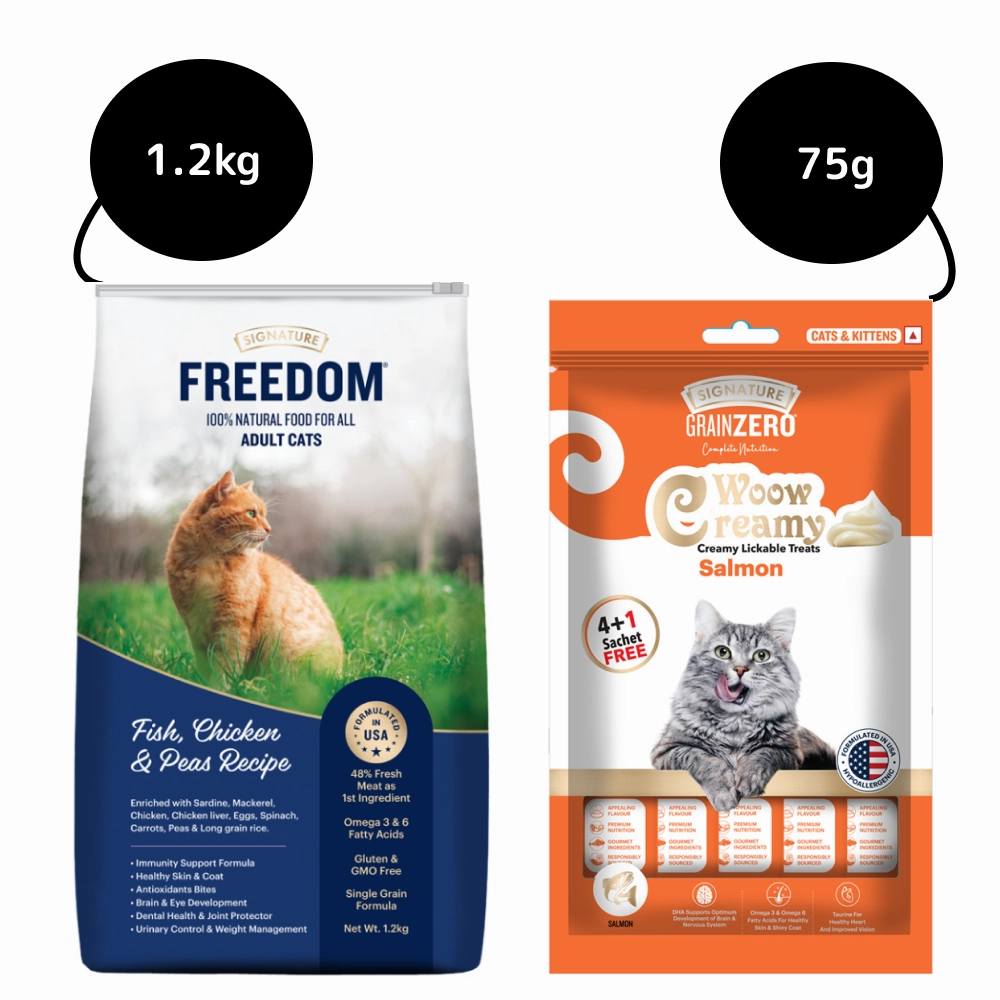 Signature Freedom Fish, Chicken and Peas Recipe Adult Cat Dry Food and Grain Zero Salmon Lickable Creamy Cat Treats Combo