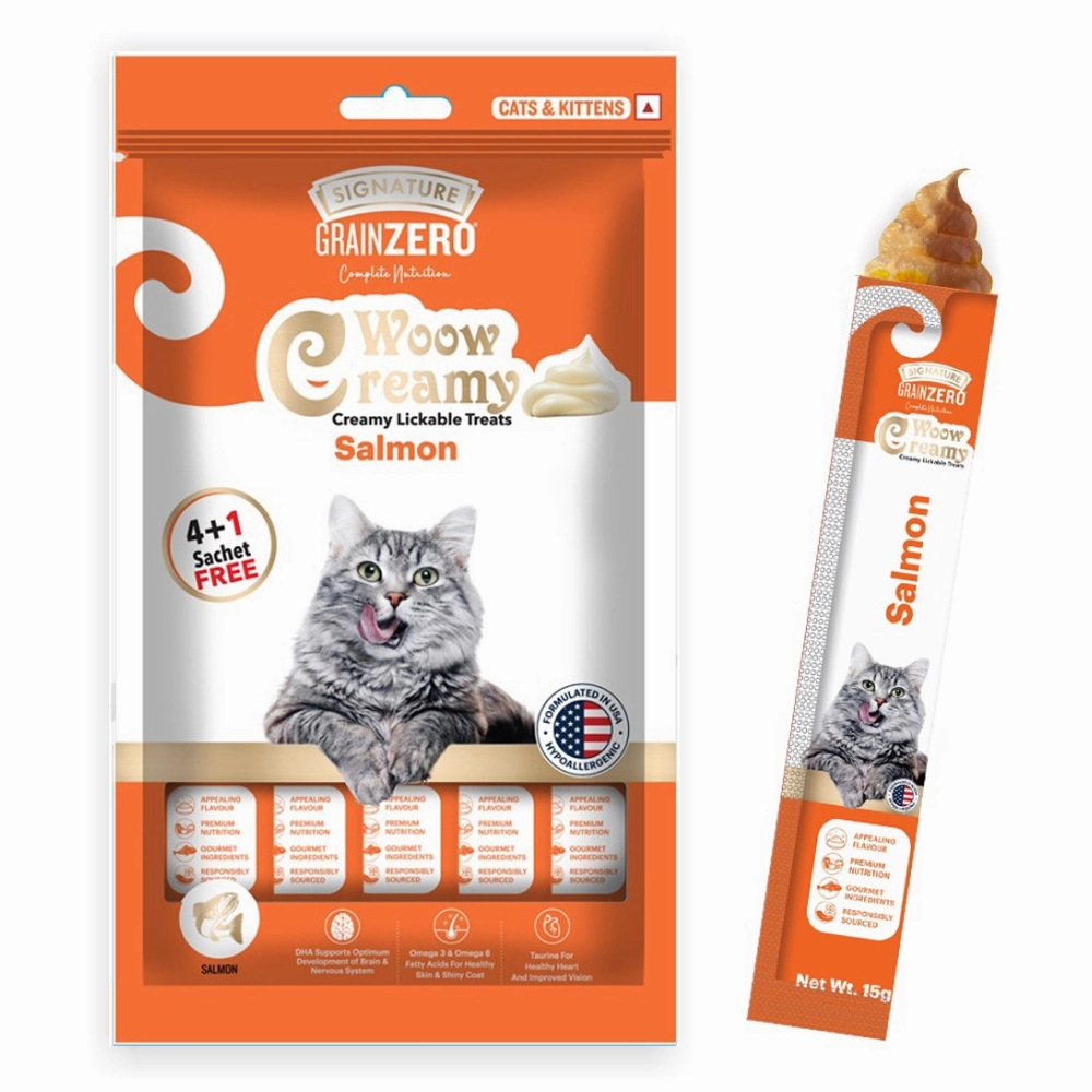 Signature Freedom Fish, Chicken and Peas Recipe Adult Cat Dry Food and Grain Zero Salmon Lickable Creamy Cat Treats Combo