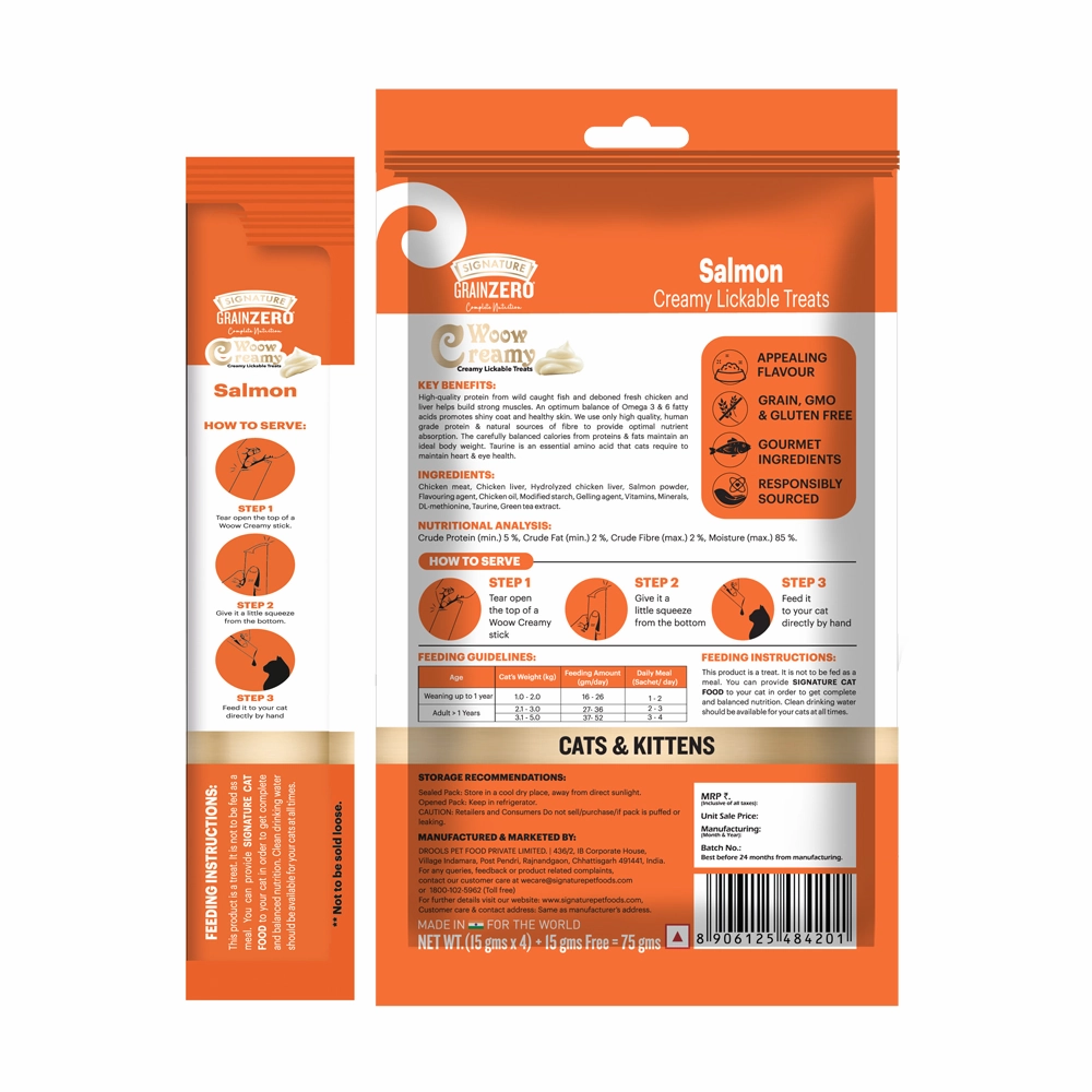 Signature Freedom Fish, Chicken and Peas Recipe Adult Cat Dry Food and Grain Zero Salmon Lickable Creamy Cat Treats Combo