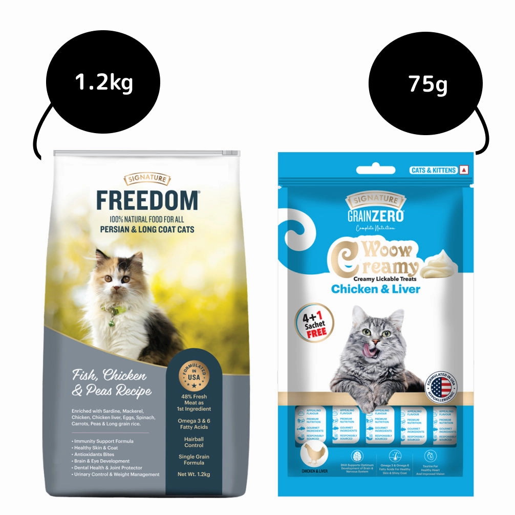 Signature Freedom Fish, Chicken and Peas Recipe Persian Cat Dry Food and Grain Zero Chicken and Liver Lickable Creamy Cat Treats Combo