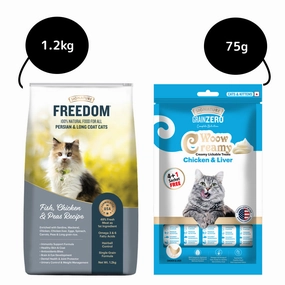 Signature Freedom Fish, Chicken and Peas Recipe Persian Cat Dry Food and Grain Zero Chicken and Liver Lickable Creamy Cat Treats Combo