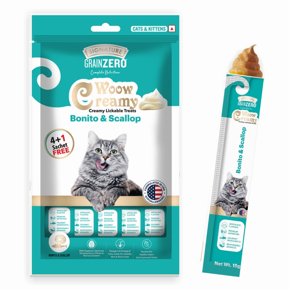 Signature Grain Zero Bonito and Scallop & Tuna and Ocean Fish Lickable Creamy Cat Treats Combo