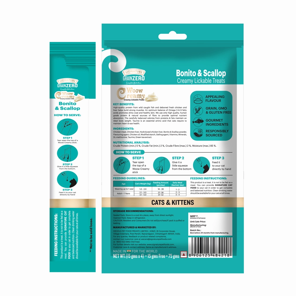 Signature Grain Zero Bonito and Scallop & Tuna and Ocean Fish Lickable Creamy Cat Treats Combo