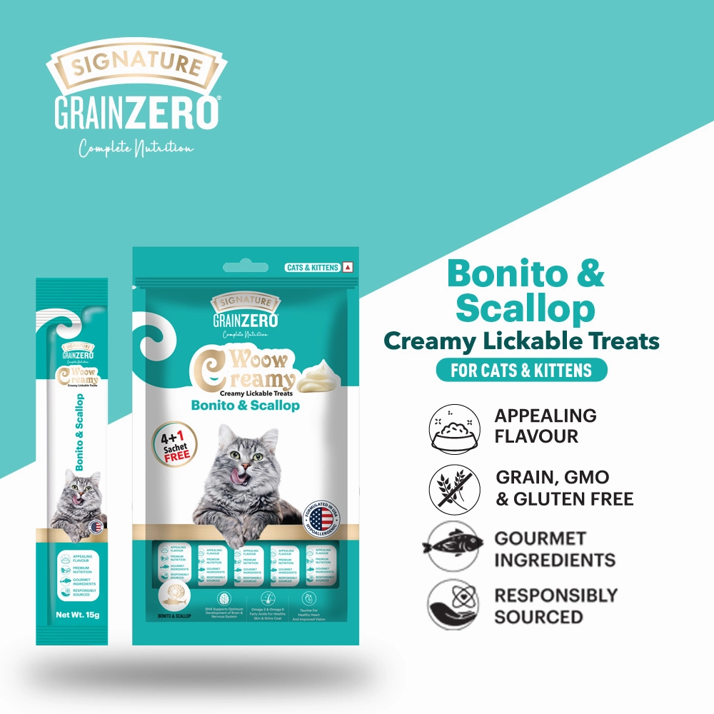Signature Grain Zero Bonito and Scallop & Tuna and Ocean Fish Lickable Creamy Cat Treats Combo