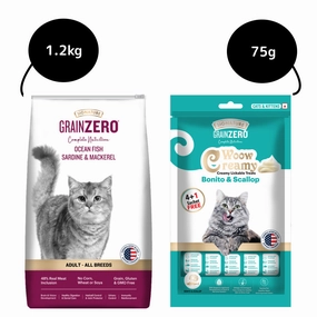 Signature Grain Zero Ocean Fish, Sardine and Mackerel Adult Cat Dry Food and Grain Zero Bonito and Scallop Lickable Creamy Treats for Cats Combo