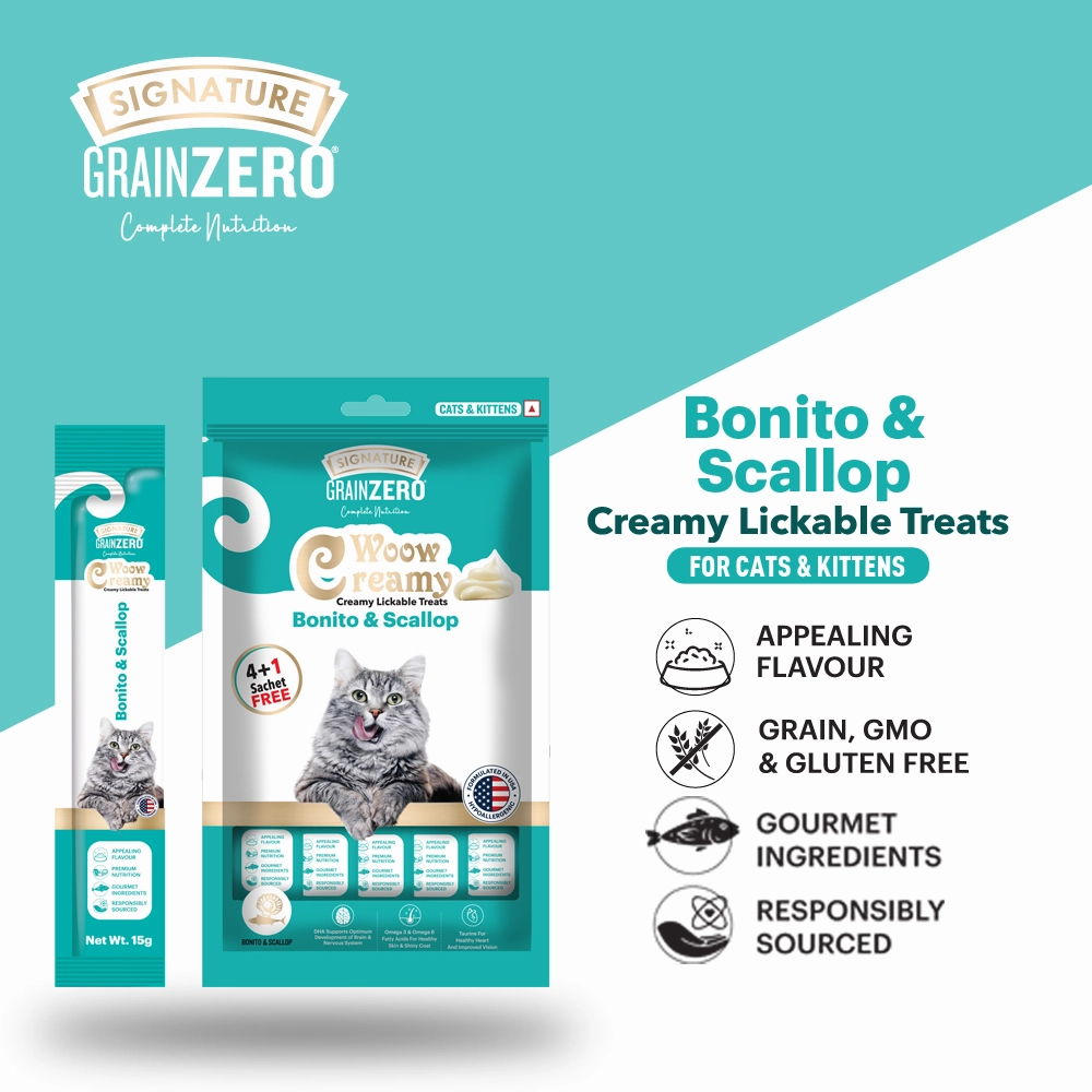 Signature Grain Zero Ocean Fish, Sardine and Mackerel Adult Cat Dry Food and Grain Zero Bonito and Scallop Lickable Creamy Treats for Cats Combo