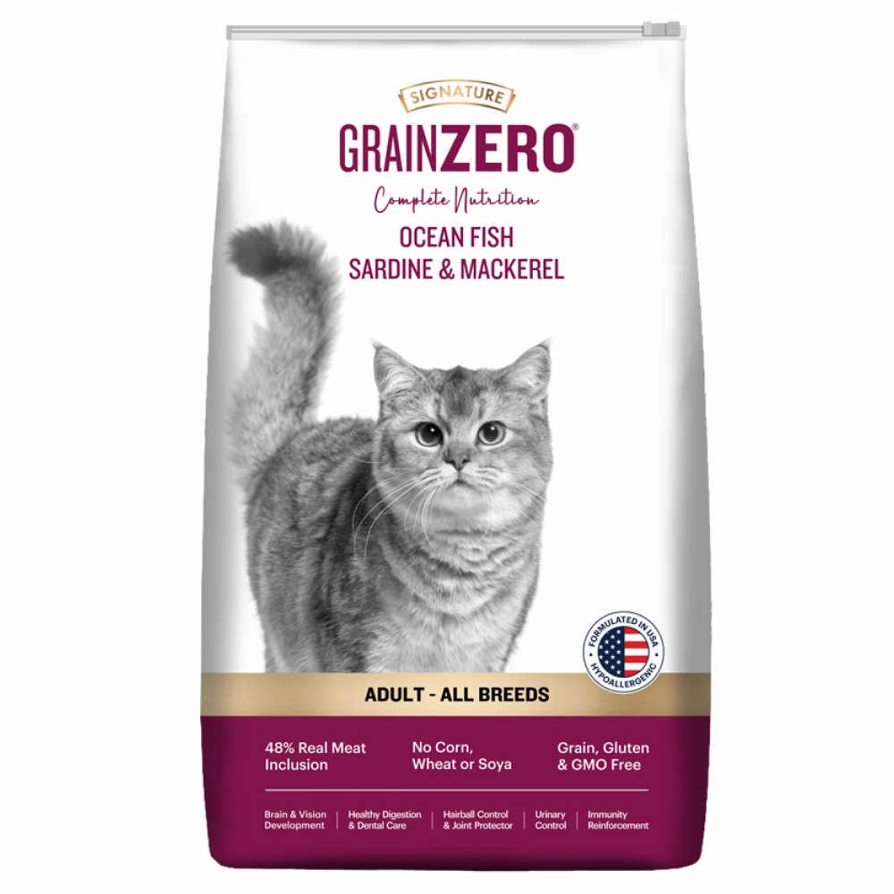 Signature Grain Zero Ocean Fish, Sardine and Mackerel Adult Cat Dry Food and Grain Zero Bonito and Scallop Lickable Creamy Treats for Cats Combo